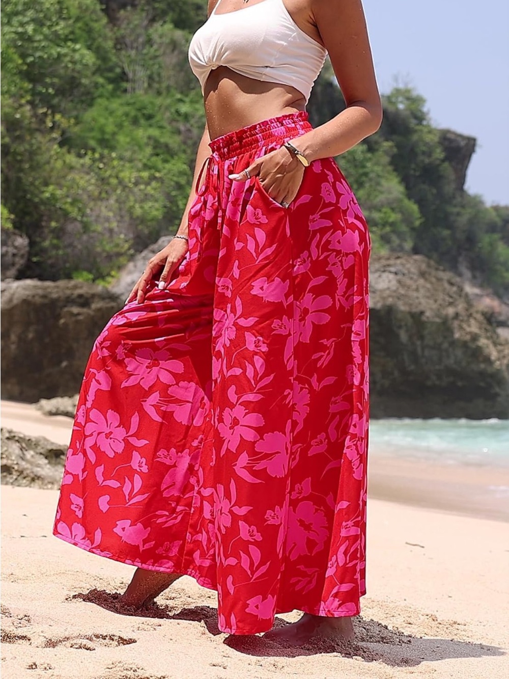 NWOT Red and Pink Floral High Waisted Wide Leg Boho Flowy Palazzo Pants Sz Small - Picture 3 of 12